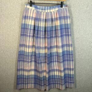 Vintage 70s Pendleton 100% Virgin Wool Skirt Women's 14 Blue Pink Cream Plaid